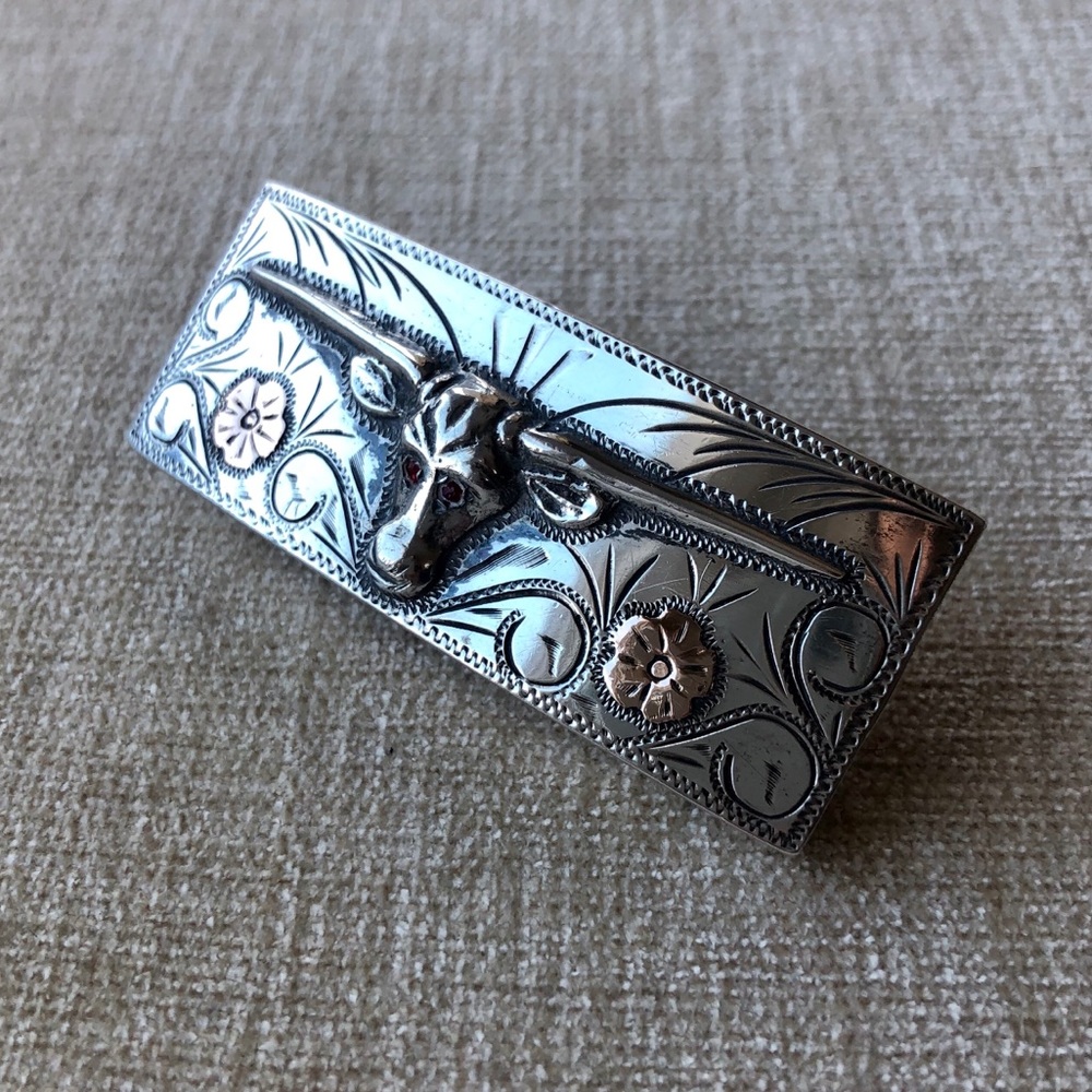Silver, gold, & ruby longhorn belt buckle